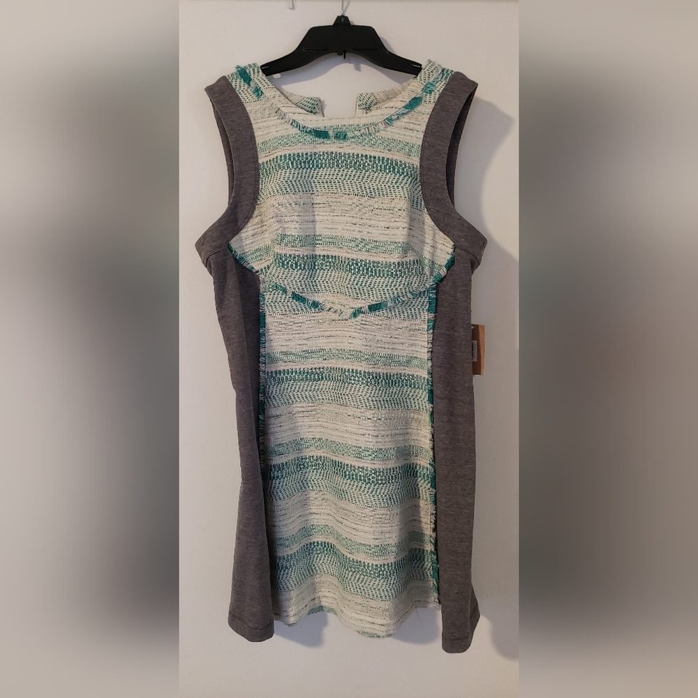 Rachel Sleeveless Striped Knit Tank Dress in Teal and Gray Size 14